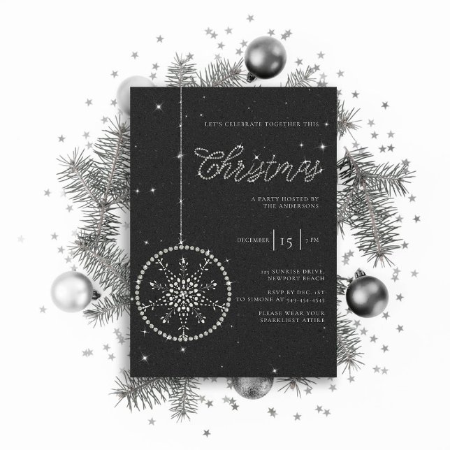 Invitation Rhinestones de la fête étincelante Parties scintil (sparkly glitter christmas party invitation rhinestones bauble snowflake formal black white elegant )