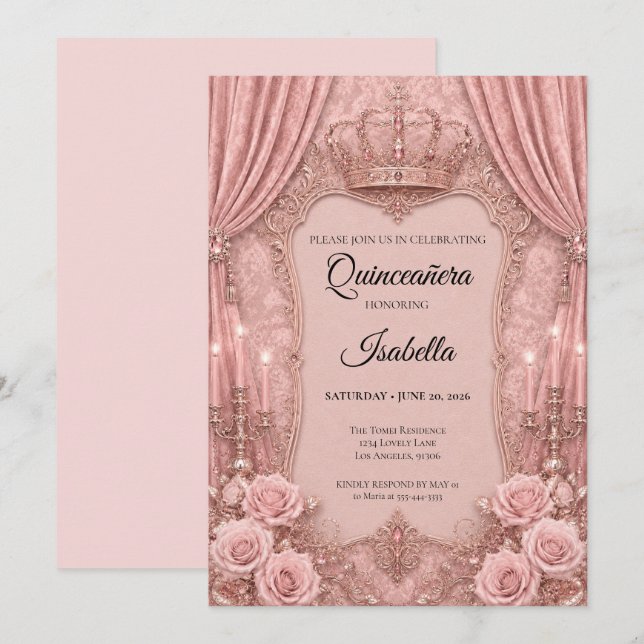 Invitation Rhinestones de luxe Quinceañera rose (Devant / Derrière)