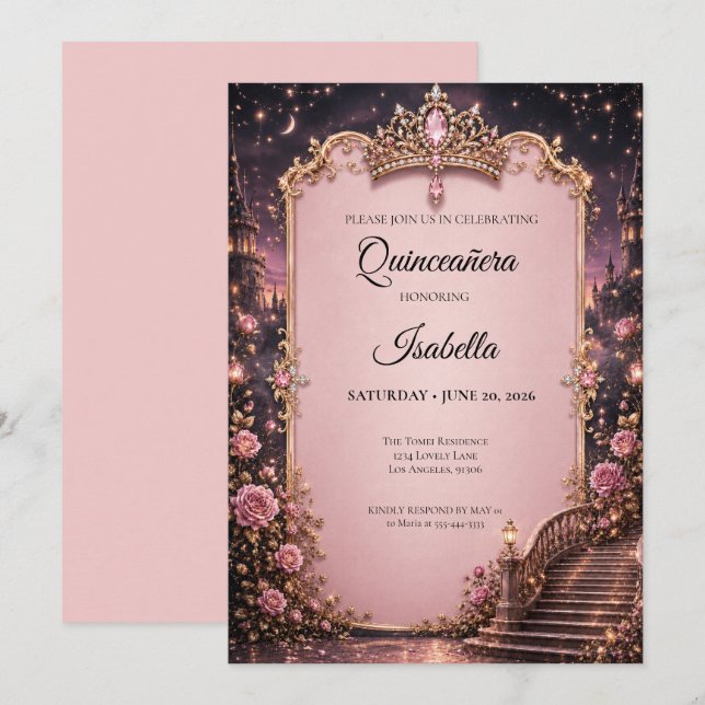 Invitation Rhinestones de luxe Quinceañera rose (Devant / Derrière)