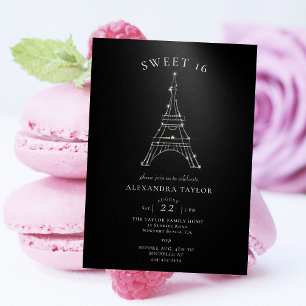 Invitation Rhinestones Eiffel Paris Black Minimal Sweet 16