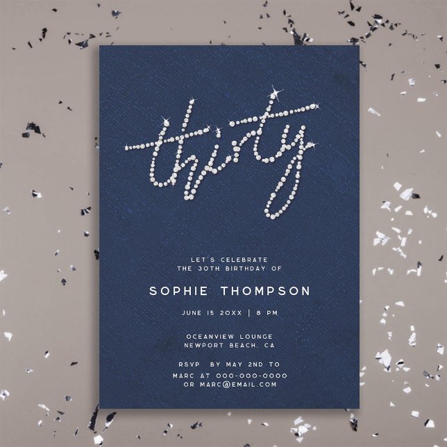 Invitation Rhinestones modernes Marine Blue Glam 30e Annivers (modern simple rhinestones glitter glam navy blue 30th birthday party invitation women soiree dinner)