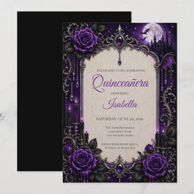 Invitation Rhinestones Violets de Luxe Princesse Quinceañera (Devant / Derrière)