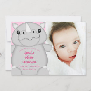 Invitation Rhino Baby shower Safari Rose fille