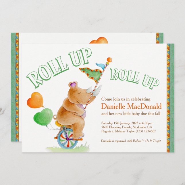 Invitation Rhino éléphant aquarelle vert baby shower brun (Devant / Derrière)