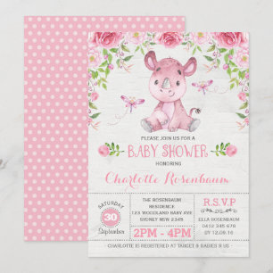 Invitation Rhinoceros Floral Rose Bébé Douche pour fille