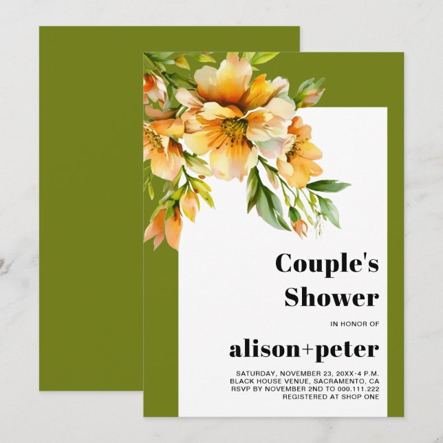 Invitation Rhododendron fleurs jaune orange douche de couple (Devant / Derrière)