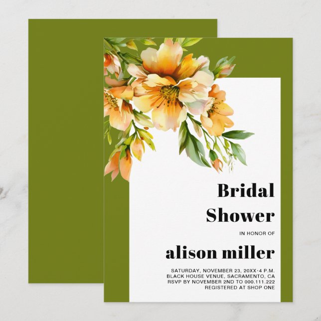 Invitation Rhododendron orange yellow flowers bridal shower (Devant / Derrière)