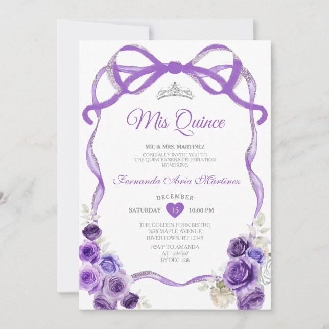 Invitation Ribbon à bow fleuri violet Couronne argentée Mis Q (Devant)