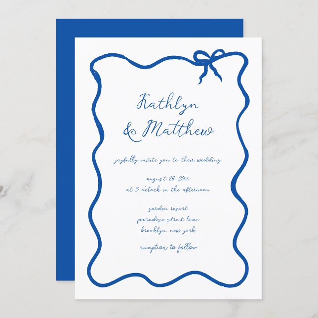 Invitation Ribbon à main Whimsical Mariage bleu français (Créateur téléchargé)