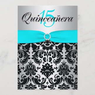 Invitation RIBBON Aqua Quinceanera noir argenté