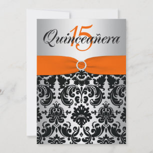 Invitation RIBBON ARGENT ARGENT Noir Quinceanera IMPRIMÉ