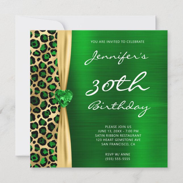 Invitation Ribbon Emerald Gold Leopard Foil Gem 30e anniversa (Devant)