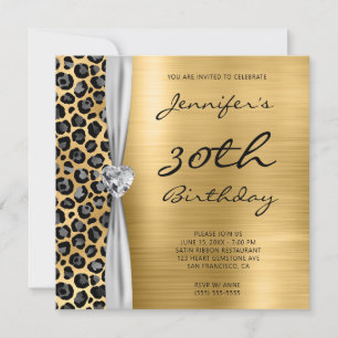 Invitation Ribbon Gray Gold Leopard Foil Gem 30e anniversaire