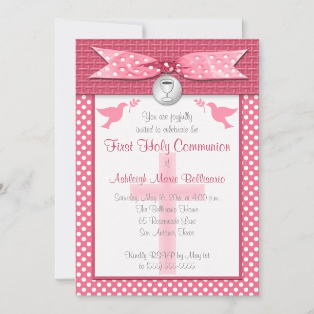 Invitation RIBBON IMPRIMÉ Première communion sainte Invitatio (Devant)