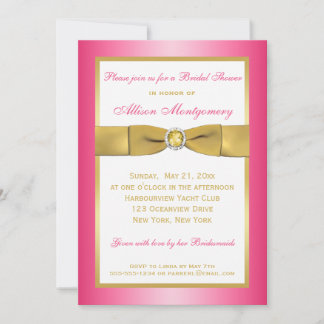 Invitation RIBBON IMPRIMÉ rose, or, Fête des mariées blanche