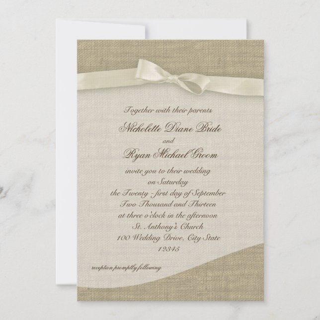 Invitation Ribbon ivoire et Mariage Burlap (Devant)