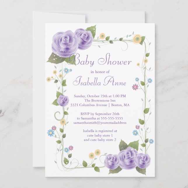 Invitation Ribbon mignon Roses Baby shower bébé fille (Devant)