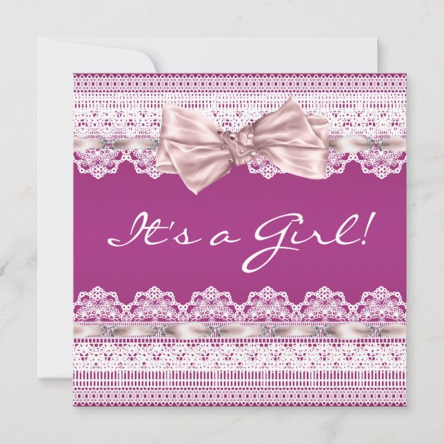 Invitation Ribbon rose dentelle blanche Baby shower rose chau (Devant)