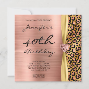 Invitation Ribbon rose Gold Leopard Foil Gem 40e anniversaire
