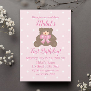 Invitation Ribbon rose mignon bébé Teddy Bear Premier anniver