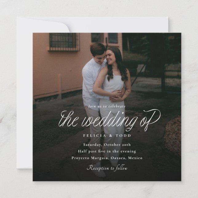 Invitation Ribbon Script Minimalist Square Wedding Photo (Devant)