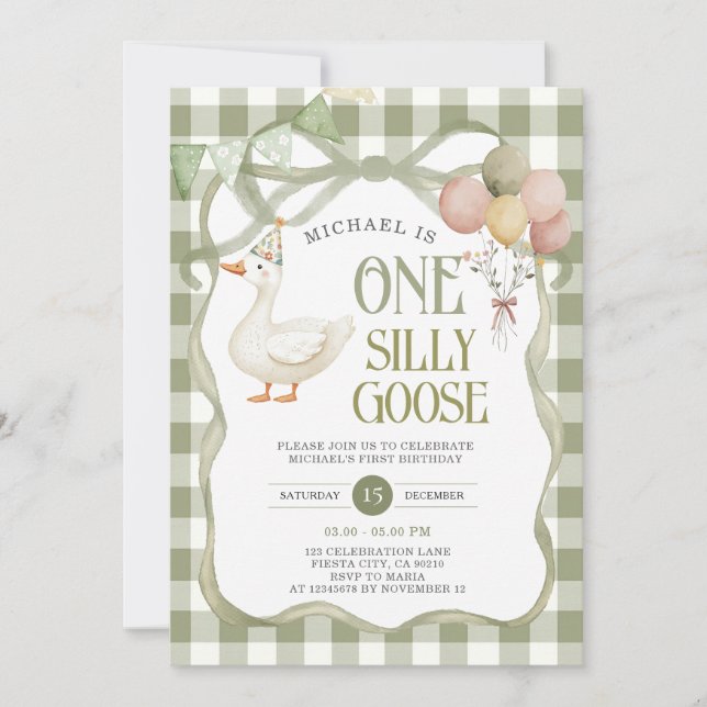 Invitation Ribbon Silly Goose Birthday Balloon Vert En vichy (Devant)