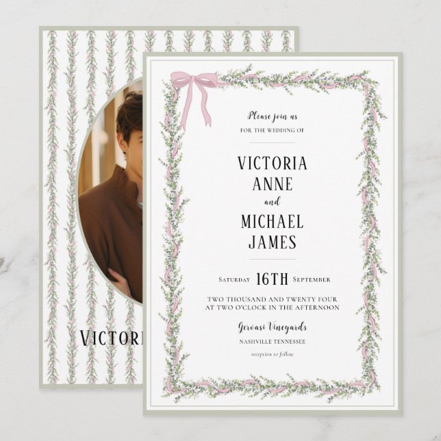 Invitation Ribbons roses doux et verdure Mariage vintage (Devant / Derrière)