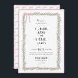 Invitation Ribbons roses doux et verdure Mariage vintage<br><div class="desc">Rubans doux rose & cadre d'aquarelle verdoyante chuchotant dans un design simple. Ajoutez votre photo à l'envers avec les noms à customiser. Une invitation idéale pour les mariages de printemps ou d'été. Absolument adorable. 100% satisfaction client chaque jour à Zazzle. Modèle</div>