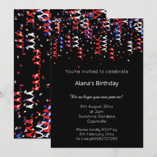 INVITATION RIBONS PATRIOTIQUES NOIR BLEU ROUGE ANNIVERSAIRE