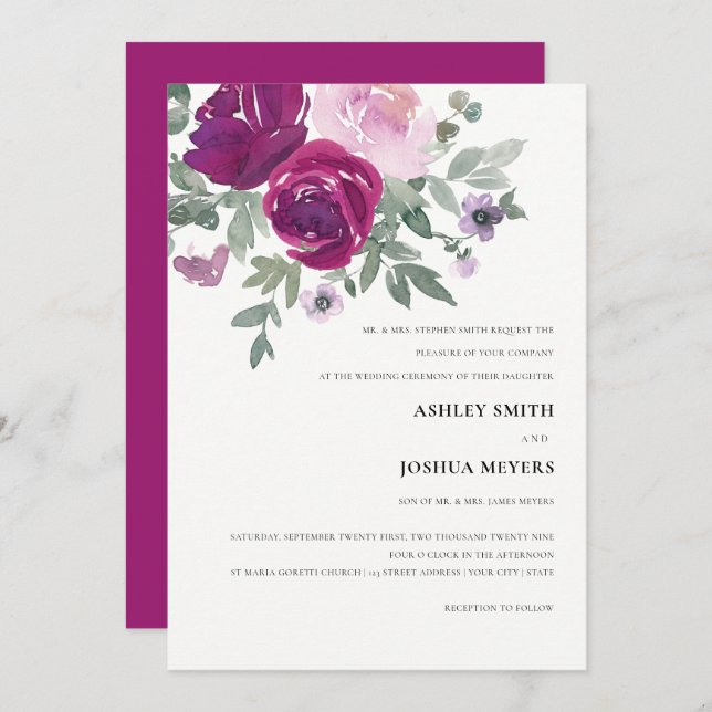 Invitation Rich Magenta Pink Floral Pearl White Wedding (Devant / Derrière)