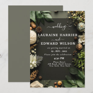 Invitation Riche composition florale avec des roses, des pivo