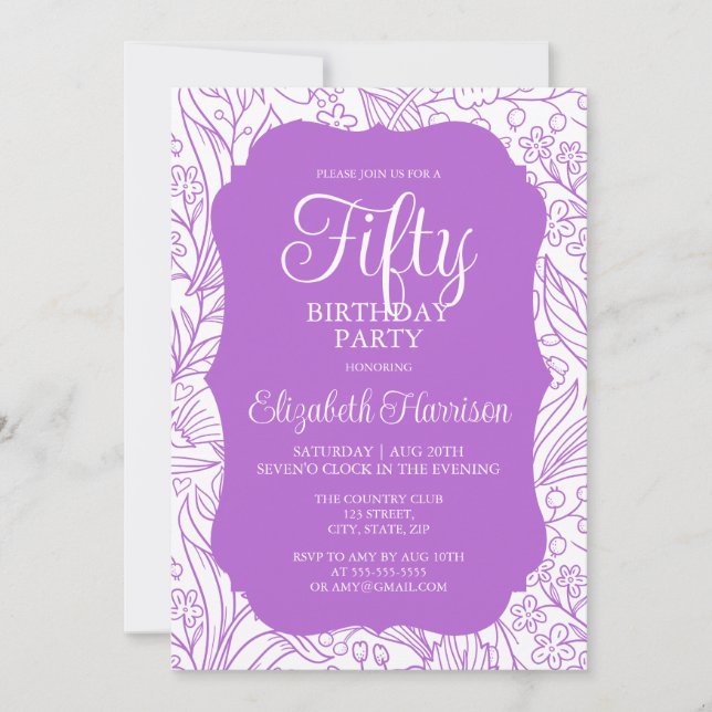 Invitation Riche Lilac White Flora Femme 50e fête d'anniversa (Devant)