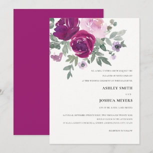 Invitation Riche Mariage Fleurie Magenta Rose Blanche Perle