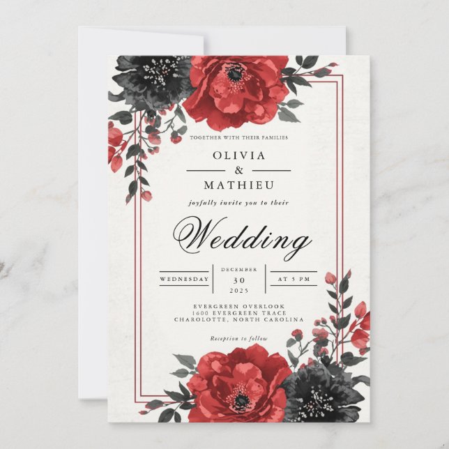 Invitation Riche Mariage Floral Rouge (Devant)