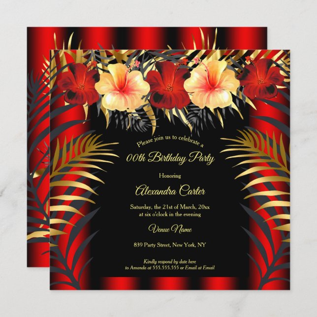 Invitation Riche Rouge Noir Or jaune Hibiscus Fête Florale (Devant / Derrière)