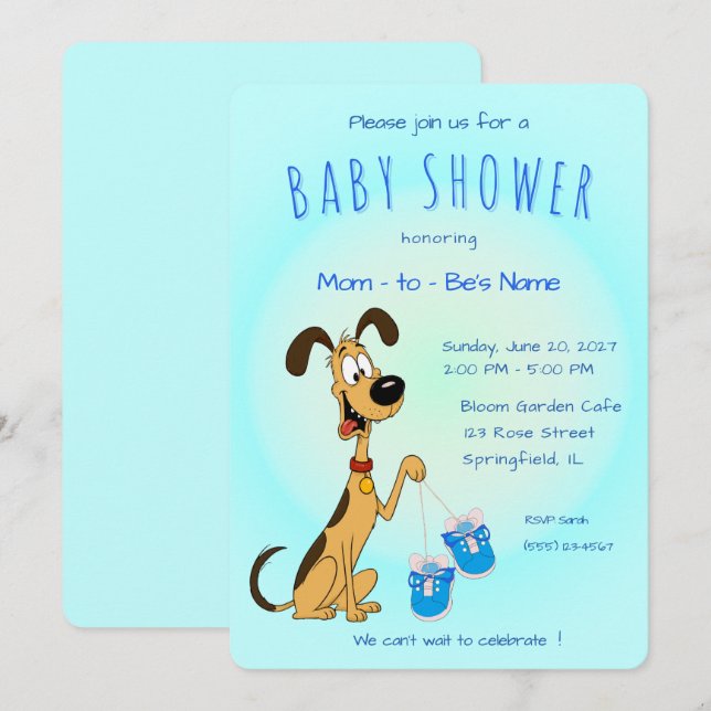 Invitation Rico le chien tenant de mignons chaussures de bébé (Devant / Derrière)