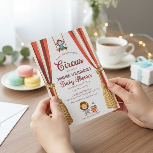 Invitation Rideau de cirque rouge et blanc Baby Shower QR r