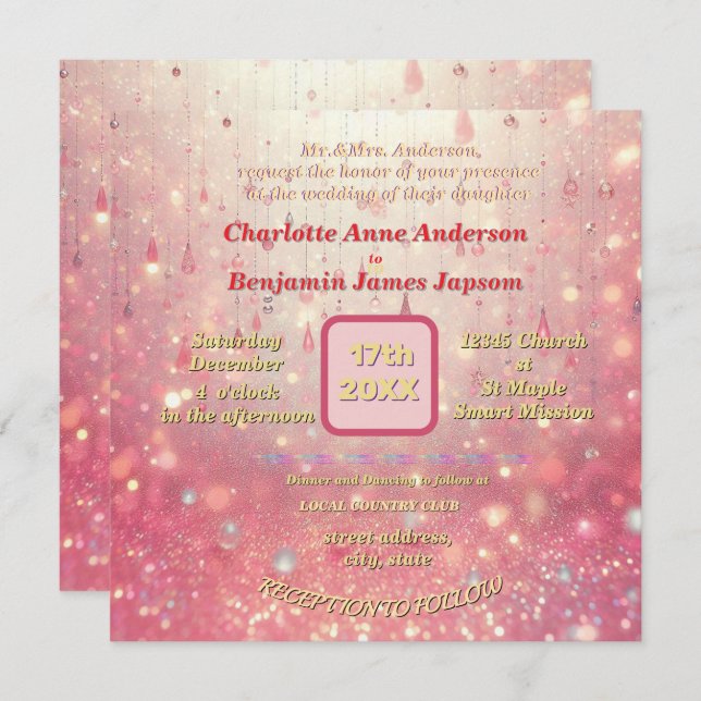 Invitation Rideau de perle rose violet Faux Parties scintilla (Devant / Derrière)