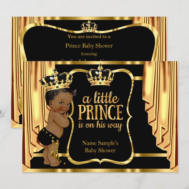 Invitation Rideau de shower bébé prince noir or Ethnique (Devant / Derrière)