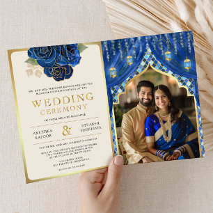 Invitation Rideau Floral d'or bleu Mariage indien hindou