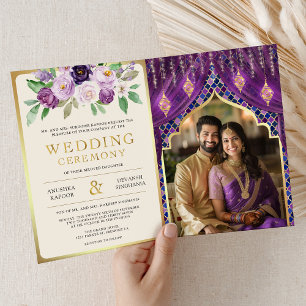 Invitation Rideau Floral d'or violet Mariage indien hindou