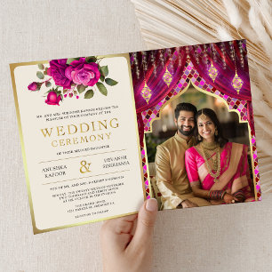 Invitation Rideau floral or Magenta pour mariage indien hindo