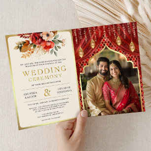 Invitation Rideau floral rouge or pour mariage indien hindou