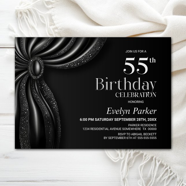Invitation Rideau Noir Élégant Fête d'anniversaire 55 ans (Créateur téléchargé)
