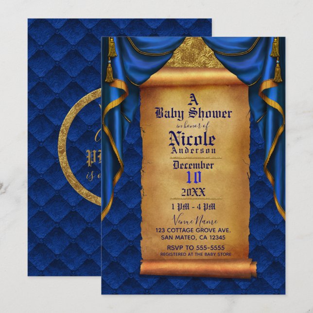 Invitation Rideaux Bleu Royal Et Or Bébé Shower (Devant / Derrière)