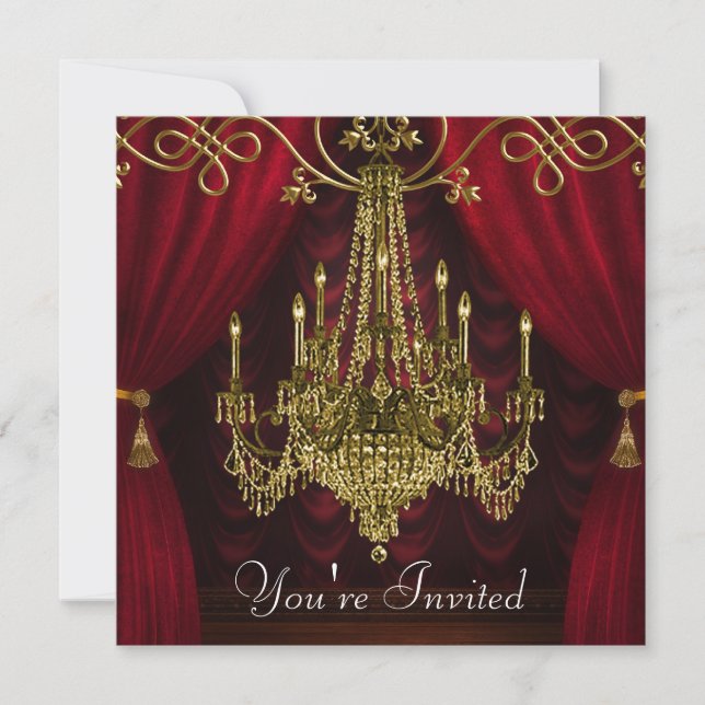 Invitation Rideaux bordeaux Rouge Gold Chandelier Party (Devant)