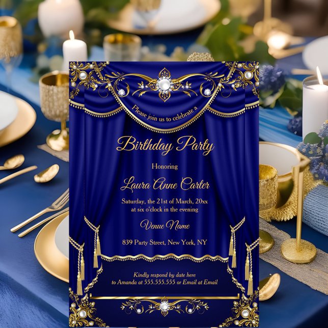 Invitation Rideaux de perles élégants royaux bleu or pour soi (Créateur téléchargé)