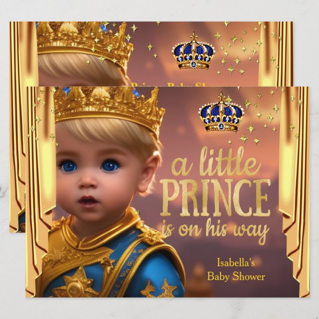 Invitation Rideaux dorés bleus royaux pour la Baby Shower du  (Devant / Derrière)