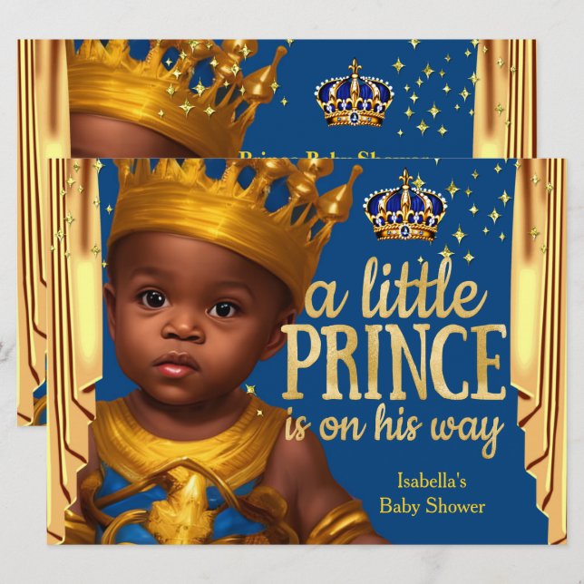 Invitation Rideaux dorés bleus royaux pour la Baby Shower d'u (Devant / Derrière)