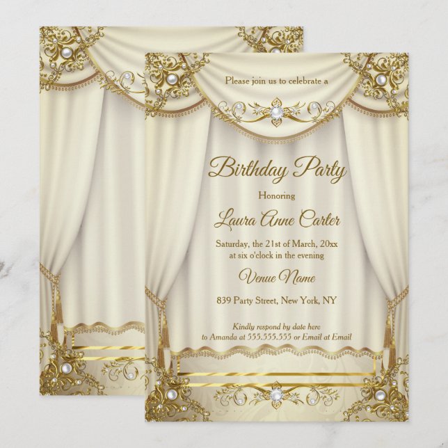 Invitation Rideaux élégants dorés beige crème perle pour soir (Devant / Derrière)